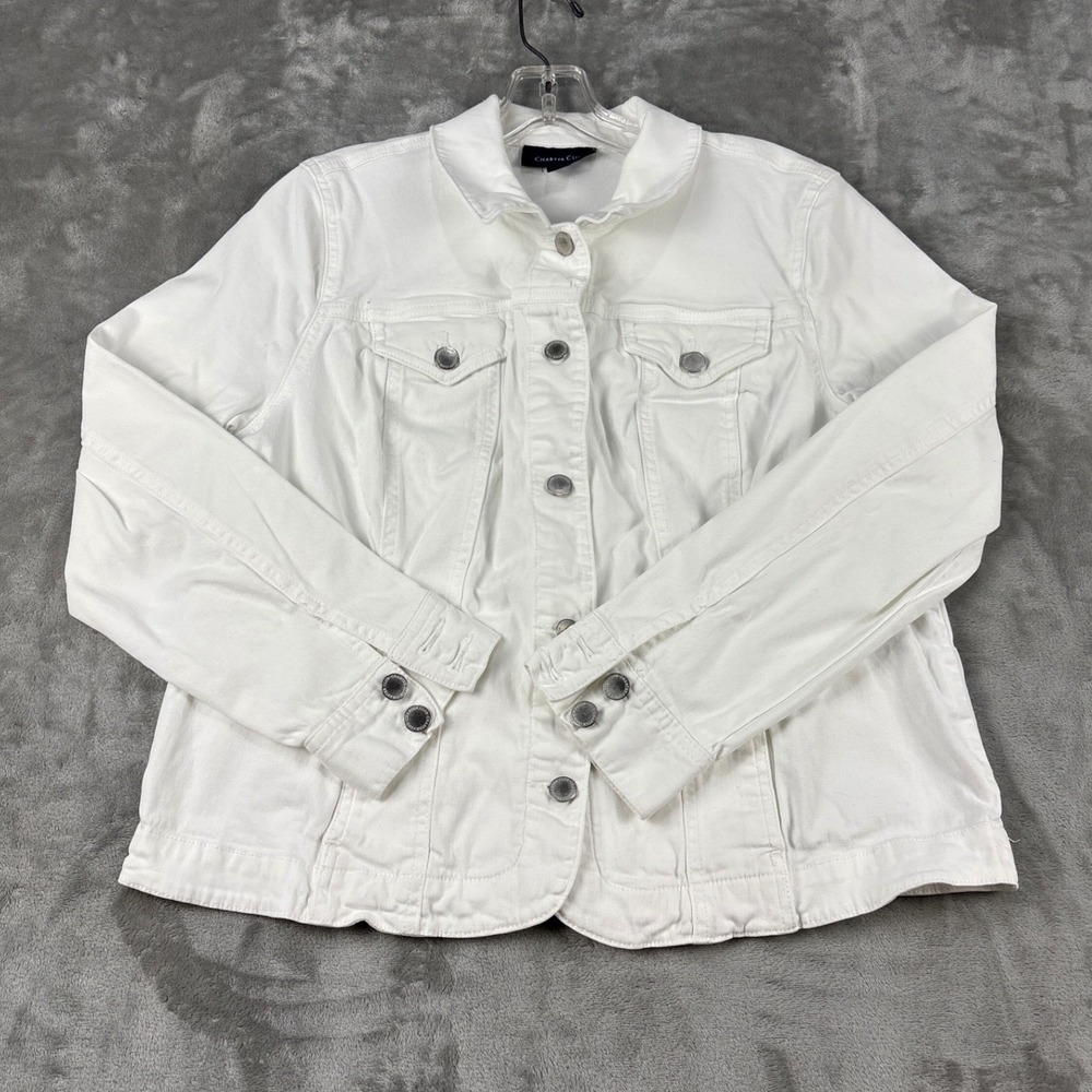 Charter Club Womens White‎ Denim Jacket Petite Large PL Cotton Stretch Button Up